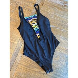 Rainbow Black Front Tie Swimsuit Women Large Swim Wear L One Piece‎